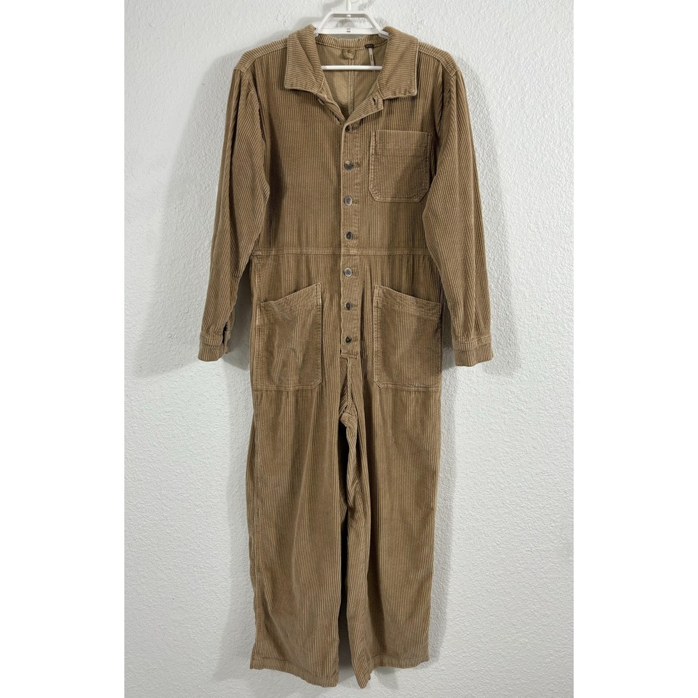 Free People Coverall Womens Small Tan Corduroy‎ Gia Cord Button Front Jumpsuit